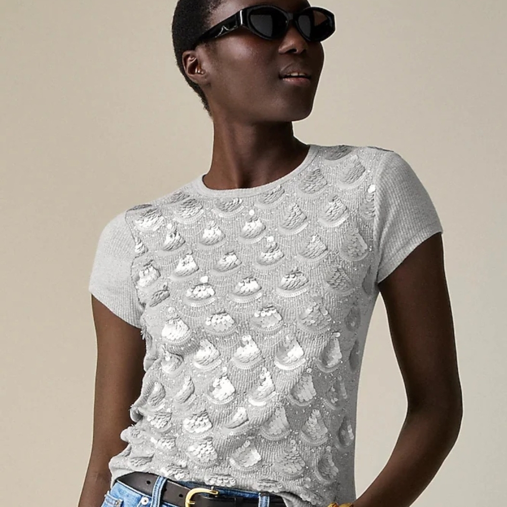 J. Crew White Fitted Sequin Short Sleeve Tee
